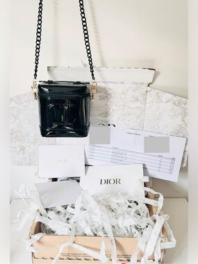 Dior Beauty Shiny Patent Enamel Black Bag Vanity Pouch Train Case Handle Strap
